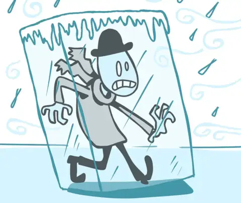 A cartoon drawing of a man freezing in a block of ice.