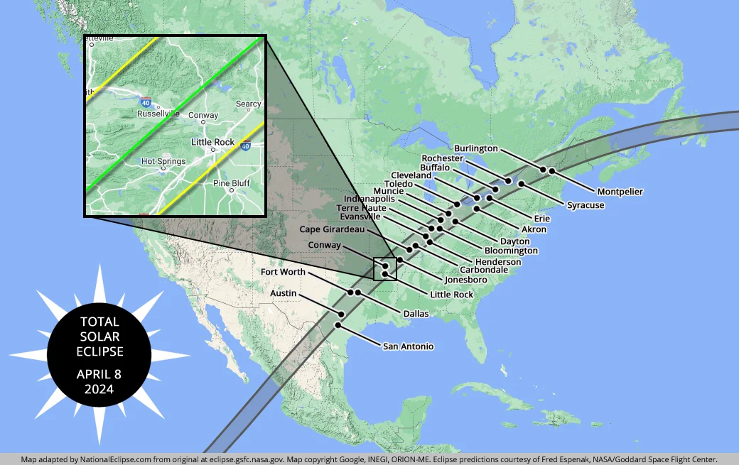 The map of the total eclipse path