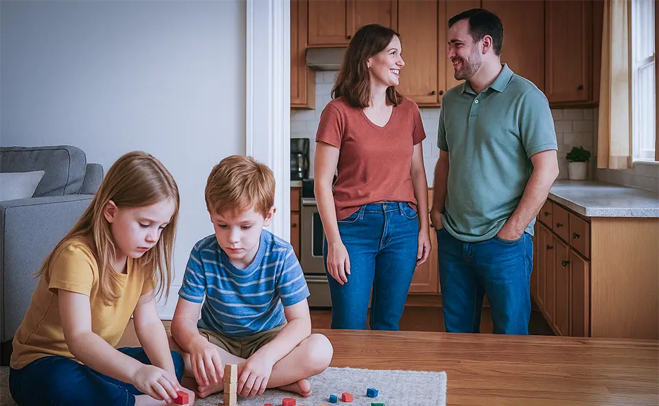 Kids playing a board game in the living room, while parents enjoy a different temp in the kitchen
