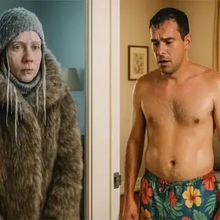While the wife freezes in one room, the husband is sweating in his swim trunks!