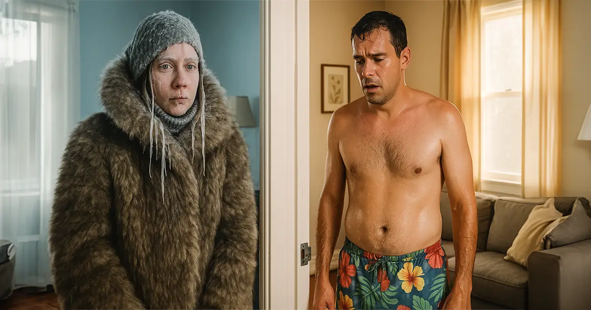 While the wife freezes in one room, the husband is sweating in his swim trunks!