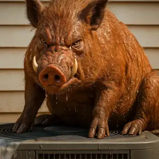 An angry razorback sits on top of a broken, frozen up air conditioner.