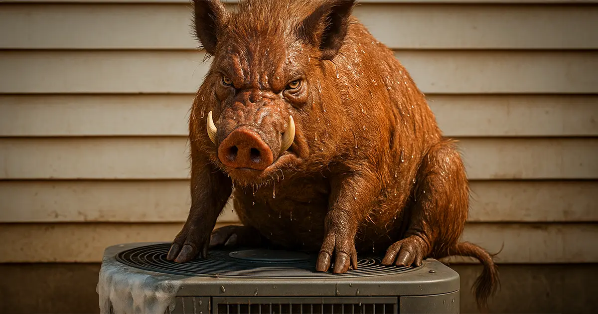 An angry razorback sits on top of a broken, frozen up air conditioner.