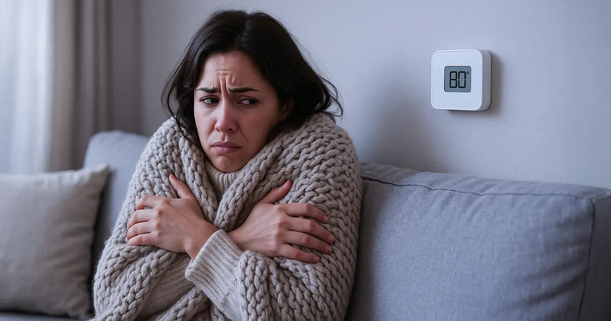 This woman is shivering cold, and set her thermostat to 80 thinking it will warm up faster.