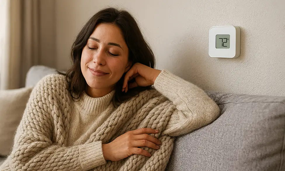 Woman sitting comfortably on her couch in a nice warm room.