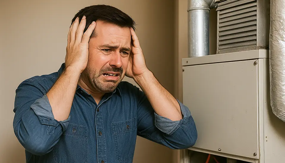 Man reacts to the clanking noises coming from his HVAC unit.