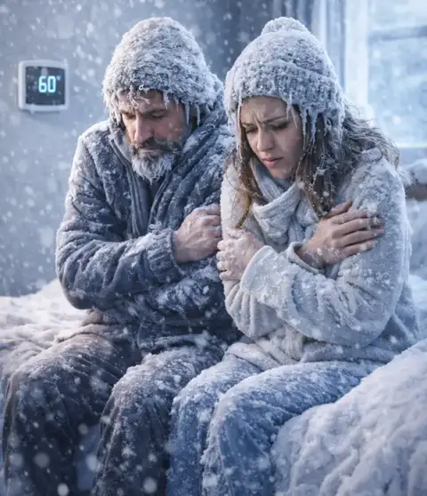Husband and wife sit on their bed, freezing in the 60 degree home after their furnace broke.