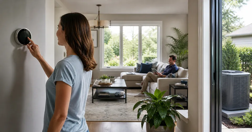 A woman sets the smart thermostat in her home for maximum comfort.