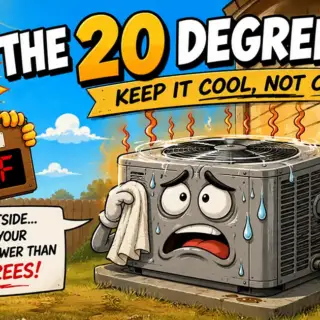 Cartoon illustration of a smiling sun holding a 95°F thermometer next to a stressed air conditioning unit working hard in summer heat