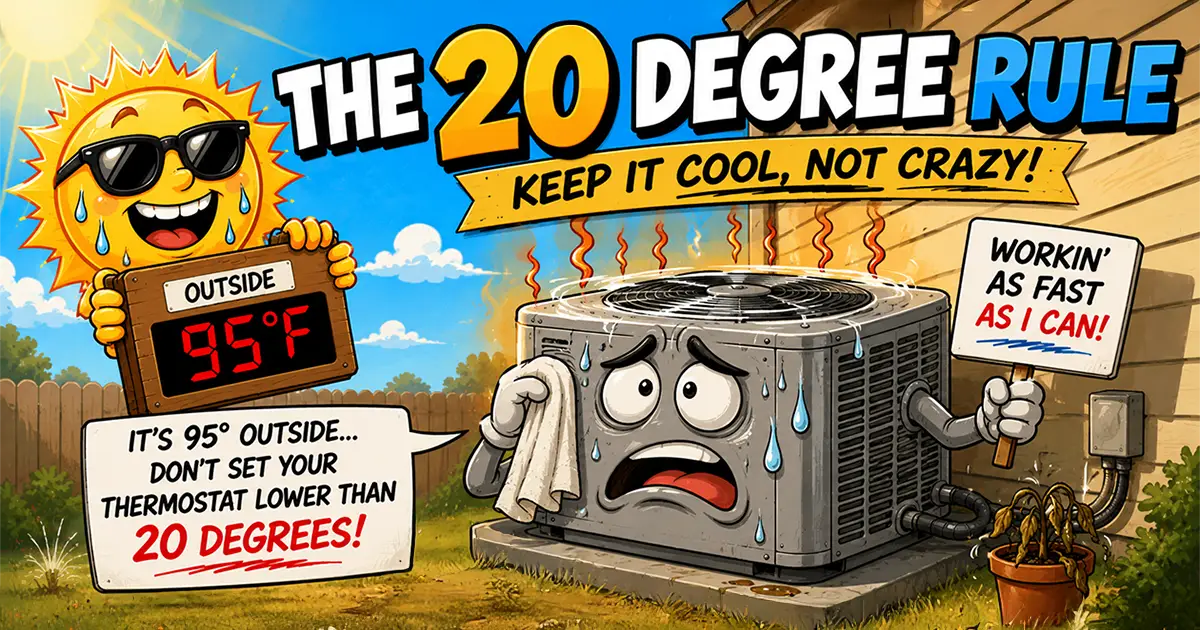 Cartoon illustration of a smiling sun holding a 95°F thermometer next to a stressed air conditioning unit working hard in summer heat