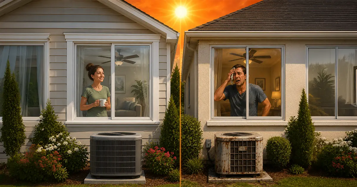 Split-screen comparison of new versus old air conditioning units outside Jacksonville homes during sunset