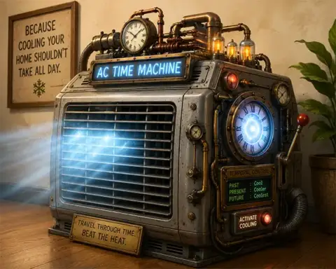 Steampunk-style AC time machine with glowing blue dial, neon sign, and brass piping against a warm-toned wall