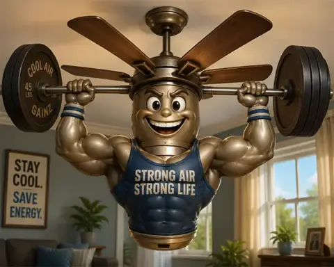 Muscular ceiling fan lifting heavy weights, wearing \"Strong Air Strong Life\" tank top in bright home interior