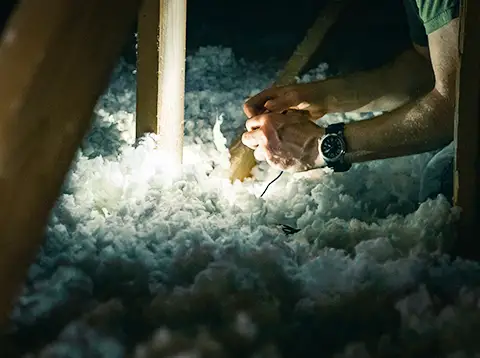 Insulation in an attic, with a pair of hands working
