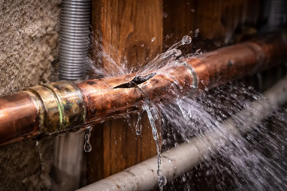 A pipe bursts after being frozen, spraying water all over the crawlspace of a home.