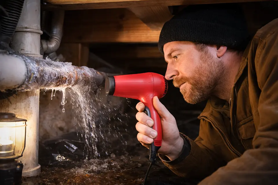 A man bundled up in the crawlspace of his home, using a hair dryer to thaw a frozen pipe.