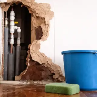 Water damage to drywall in a home that suffered frozen and burst pipes.