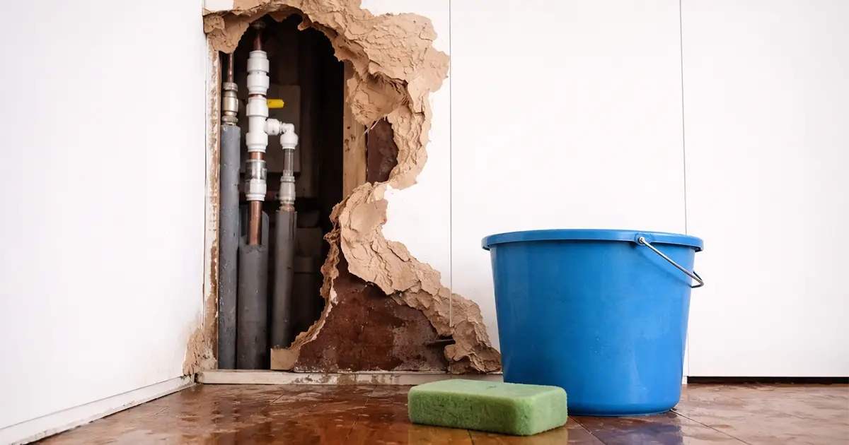 Water damage to drywall in a home that suffered frozen and burst pipes.